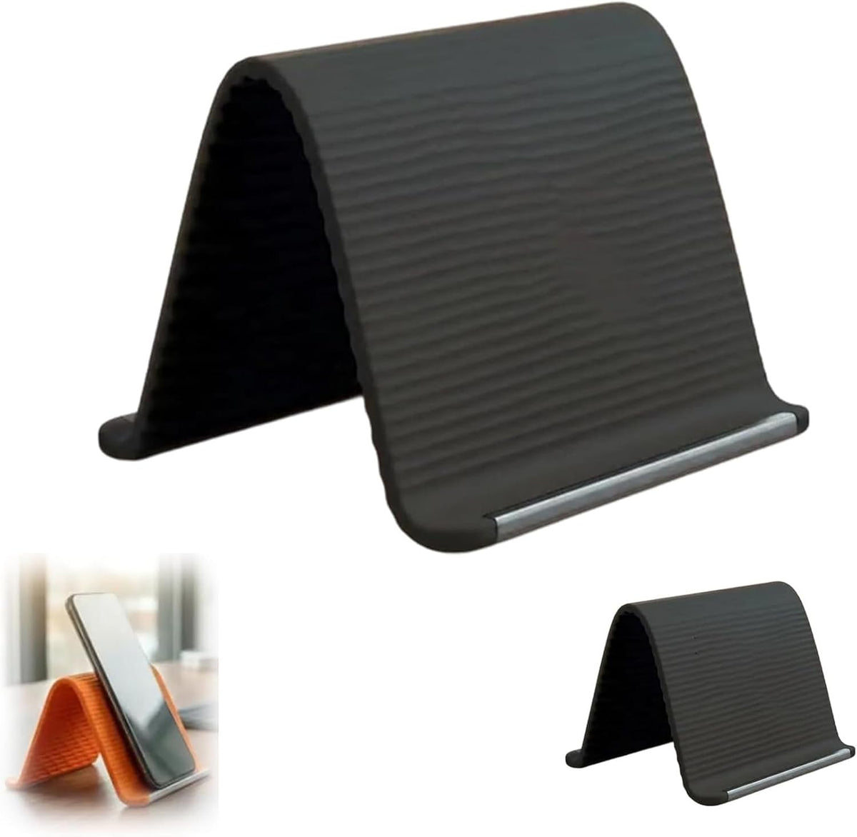 Black foldable silicone phone stand with ribbed surface and silver support lip.