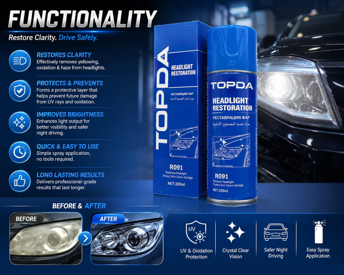 TOPDA headlight restoration spray can and box, shown with before-and-after headlight examples.