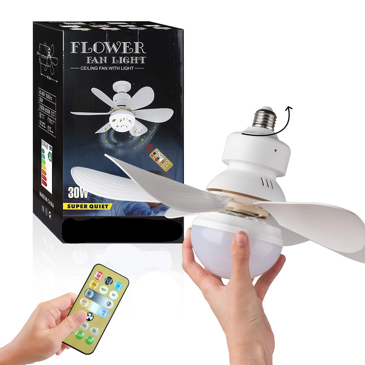 White ceiling fan light with removable blades, bulb base, and remote control