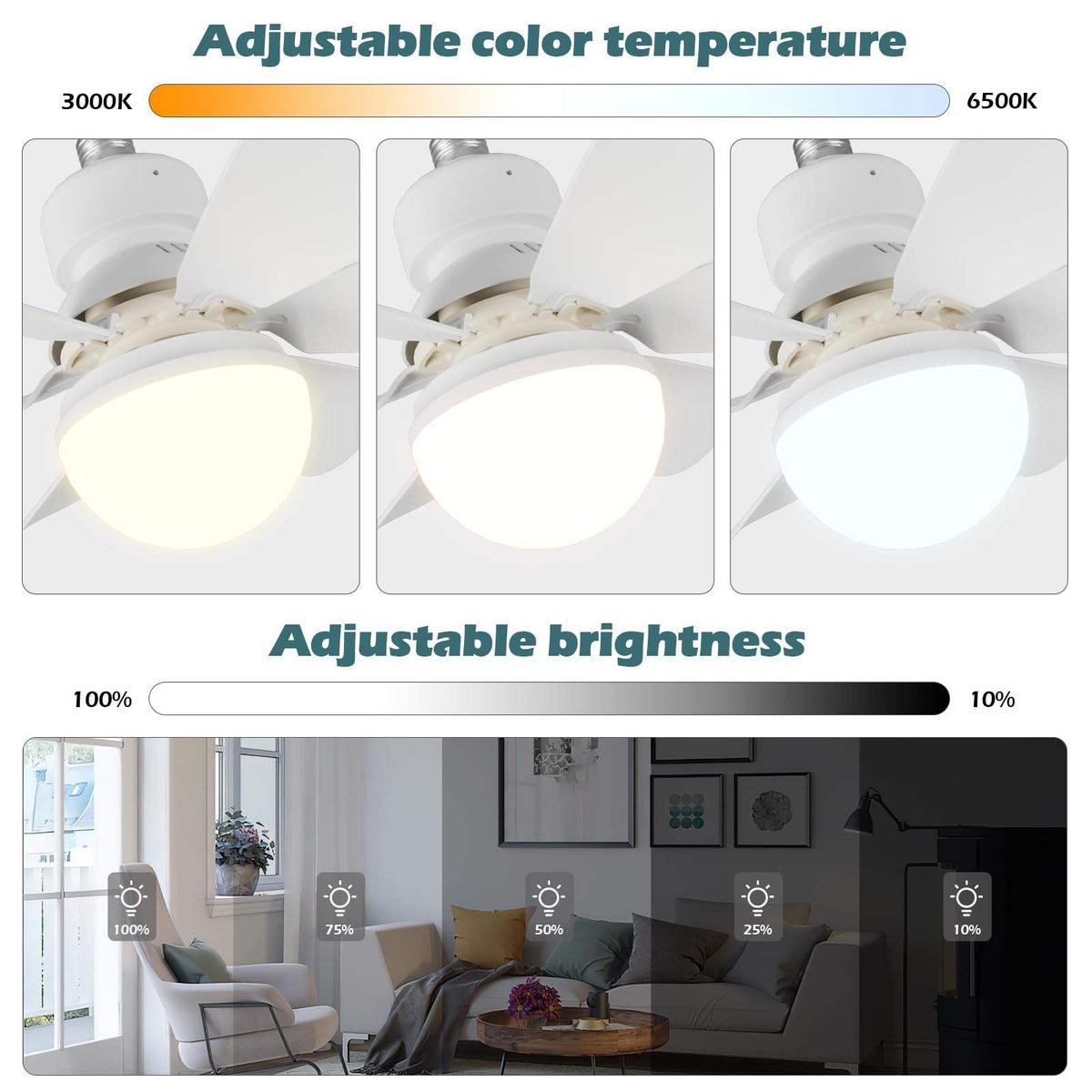 Ceiling fan light with white blades and globe, shown at varied color temperatures and brightness