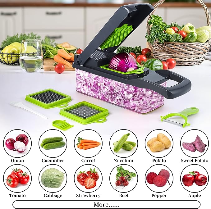 Manual vegetable slicer chopper with purple shred tray and multiple green cutting tools