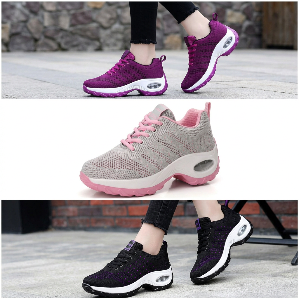Women's walking sneakers shown in purple, light gray-pink, and black.