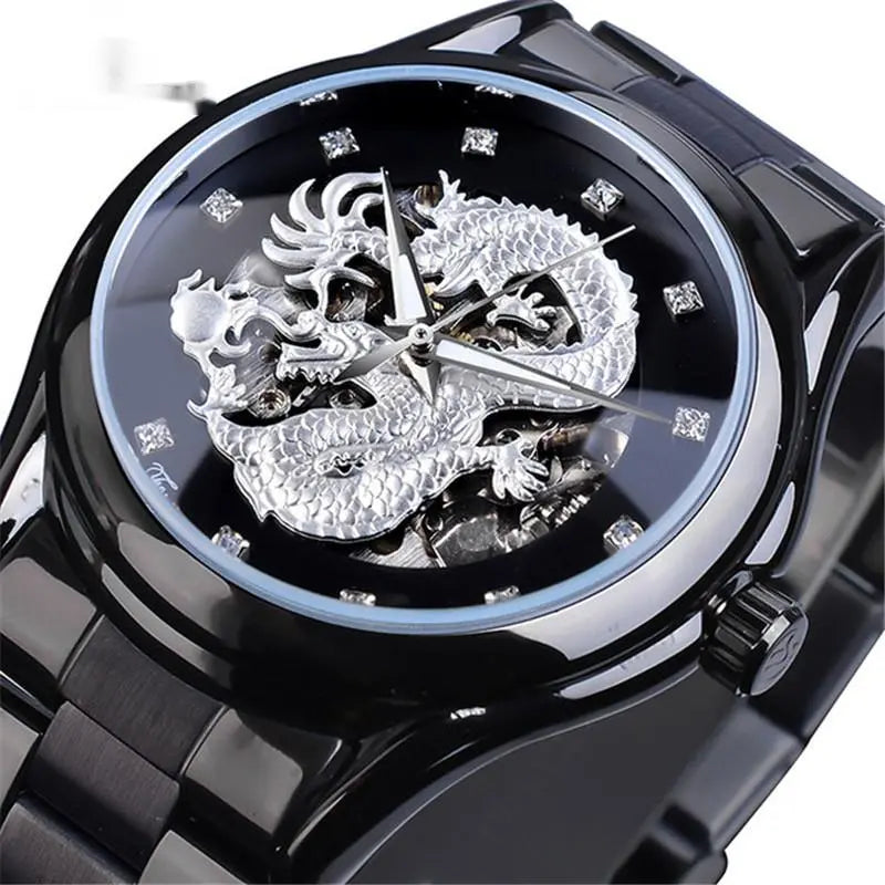 Mechanical skeleton watch with black case, silver dragon dial, and metal bracelet