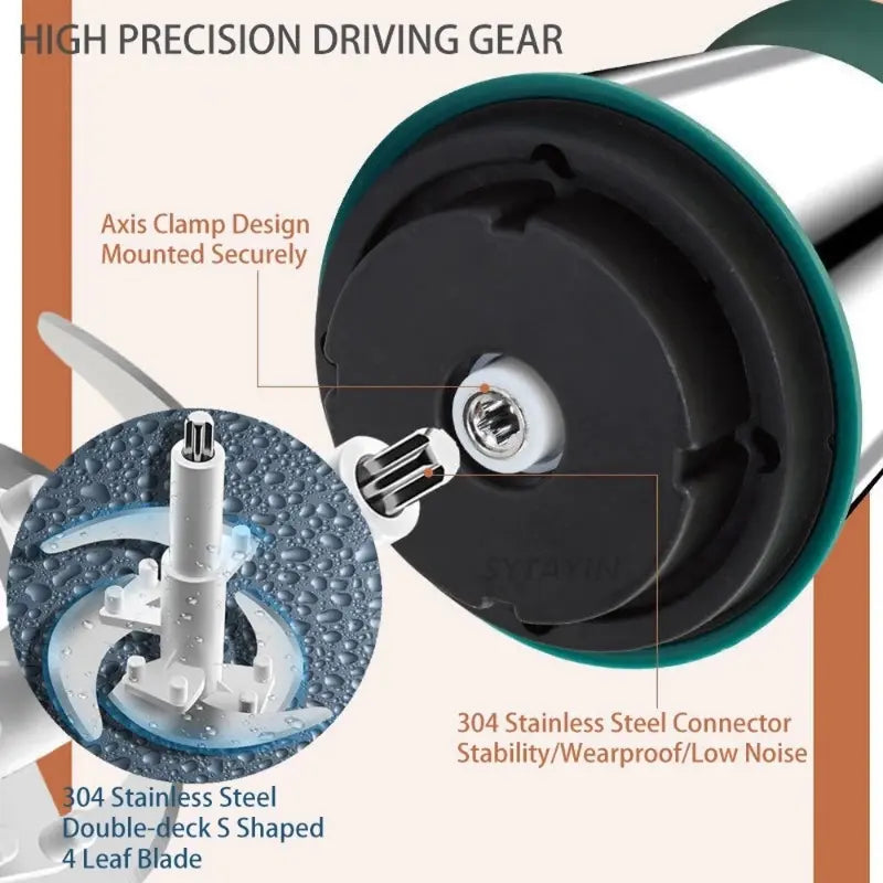 Green stainless steel meat blender blade and connector base, circular feed hopper