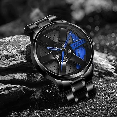 Black metal wristwatch with blue hands and brake-caliper detail