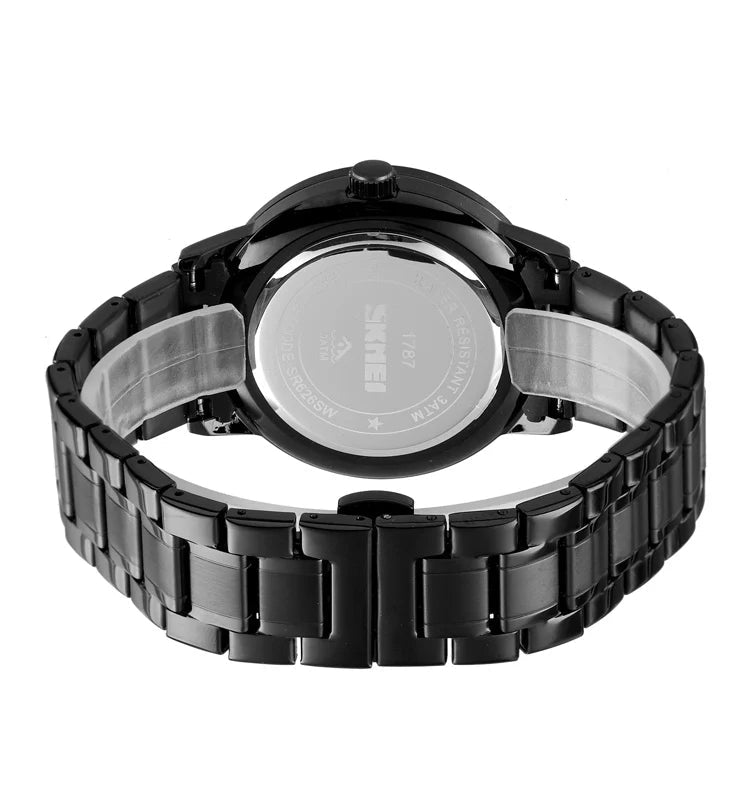 Back view of a black metal wristwatch and its linked bracelet