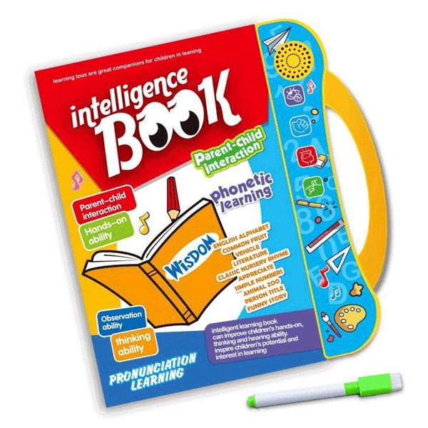 Interactive learning book with yellow handle, blue sound panel, and marker