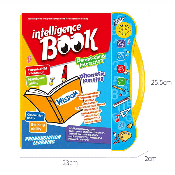 Interactive learning book with blue sound panel, yellow handle, and 23 cm width