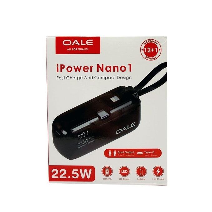 OALE mini power bank retail box showing a black charger with built-in cables and digital display