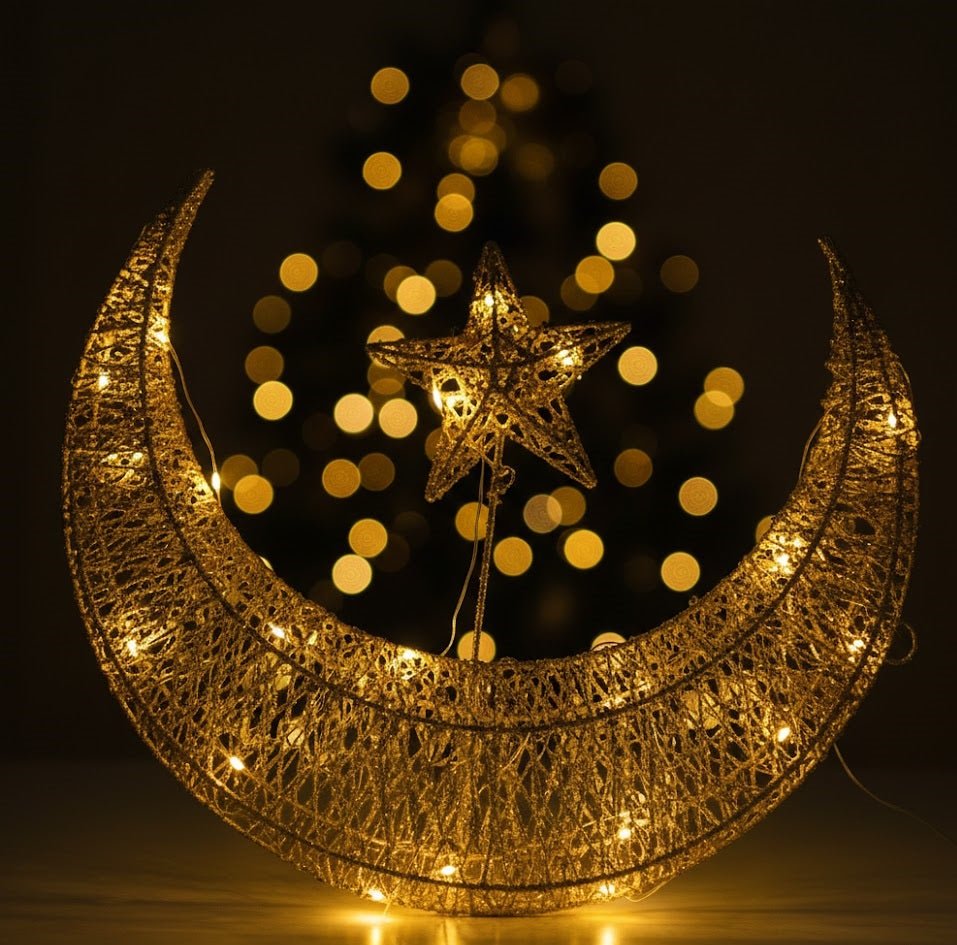 Gold crescent moon and star ornament with intricate openwork and small lights