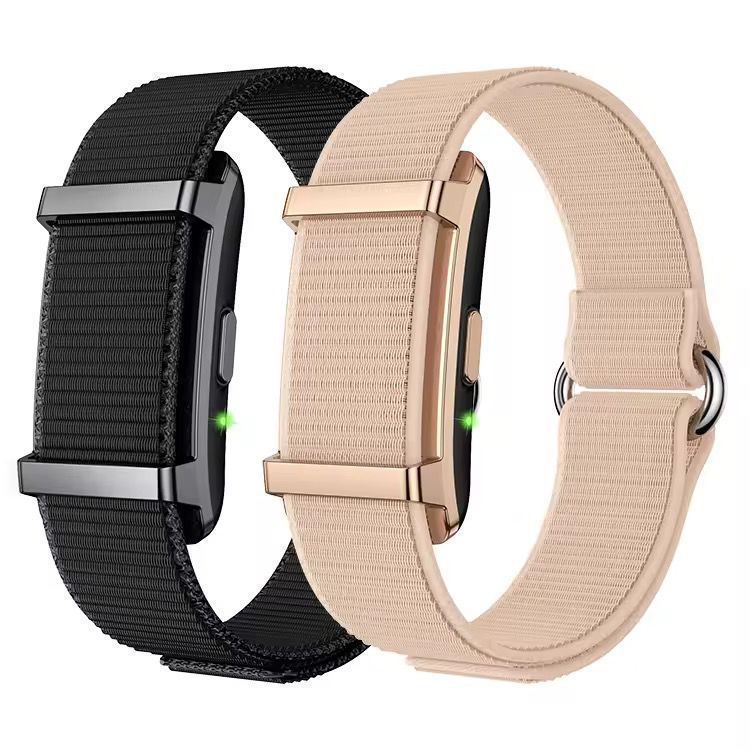 Smart fitness tracker bracelets in black and beige with woven bands and metal clasps