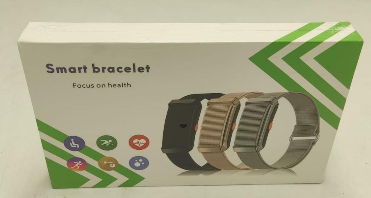 Smart fitness tracker bracelet packaging showing bands in black, beige, and gray
