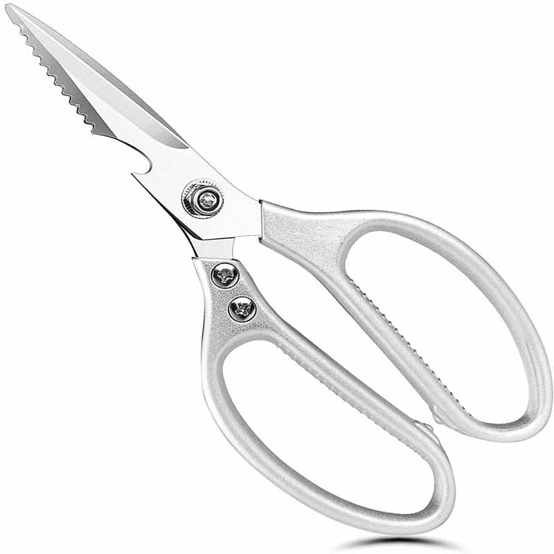 Silver kitchen scissors with serrated blades and large finger loops.