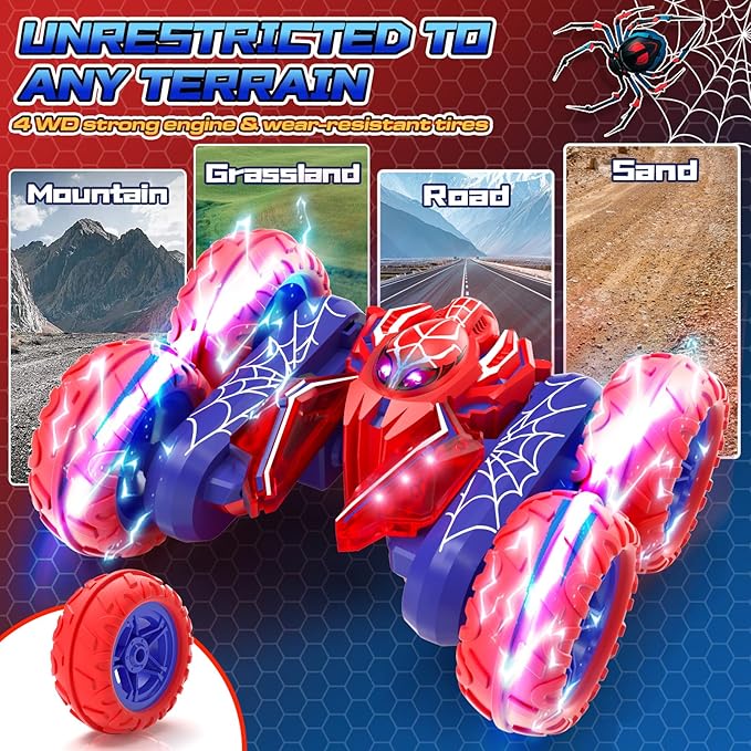 Red and blue spider stunt car with four large tires and web-patterned body