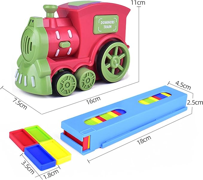 Automatic domino train set with locomotive, blue domino loader, and colorful pieces shown with dimensions