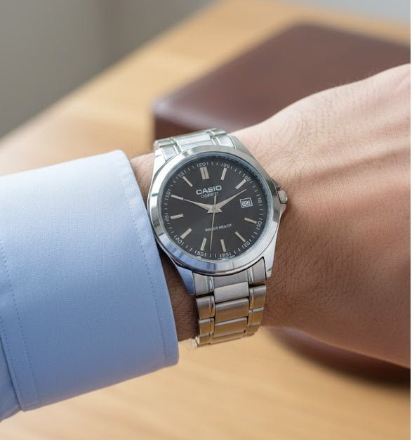 Casio men's watch with a dark dial, silver-tone case, and metal link bracelet, worn on wrist