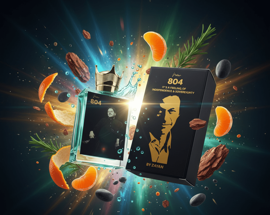 804 Imran perfume bottle and black box with gold lettering and portrait artwork.
