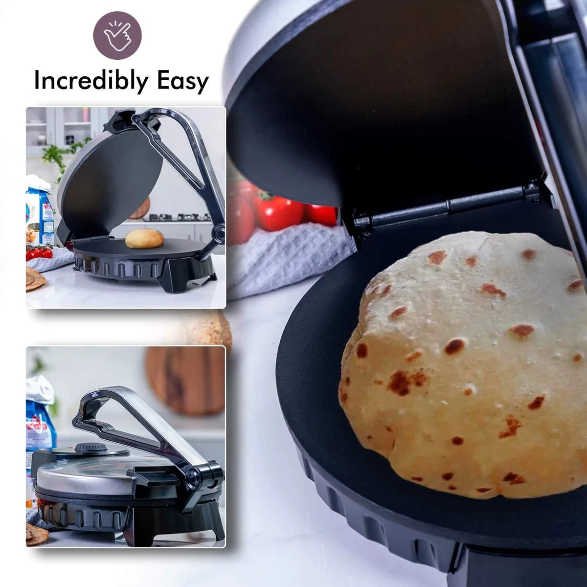 Electric roti maker with a flatbread on the lower plate and hinged lid raised