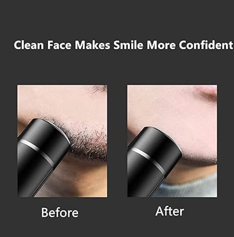 Mini electric shaver shown trimming facial stubble before and after shaving