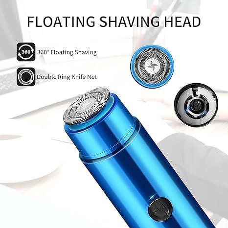Blue mini electric shaver with a floating double-ring shaving head