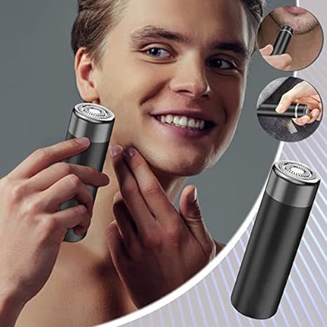 Black mini electric shaver shown in use on a man's face