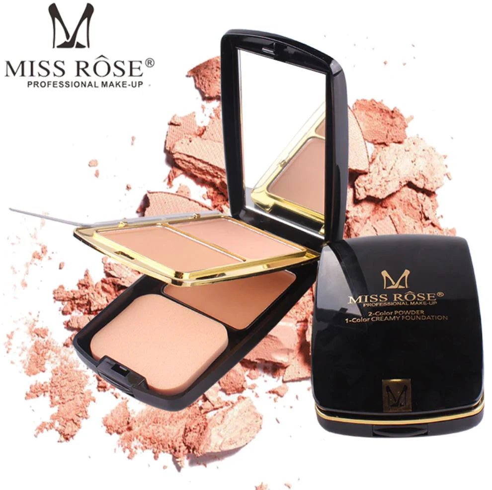 Miss Rose 2-in-1 compact powder with two beige shades, mirror and black case