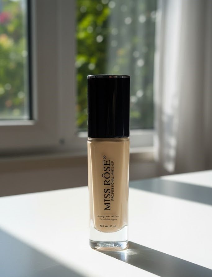 Miss Rose liquid foundation in a clear 30 ml bottle with a black cap, Sand shade