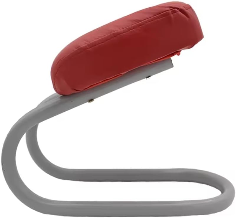 Red padded aid seat in side view, showing the curved gray metal frame