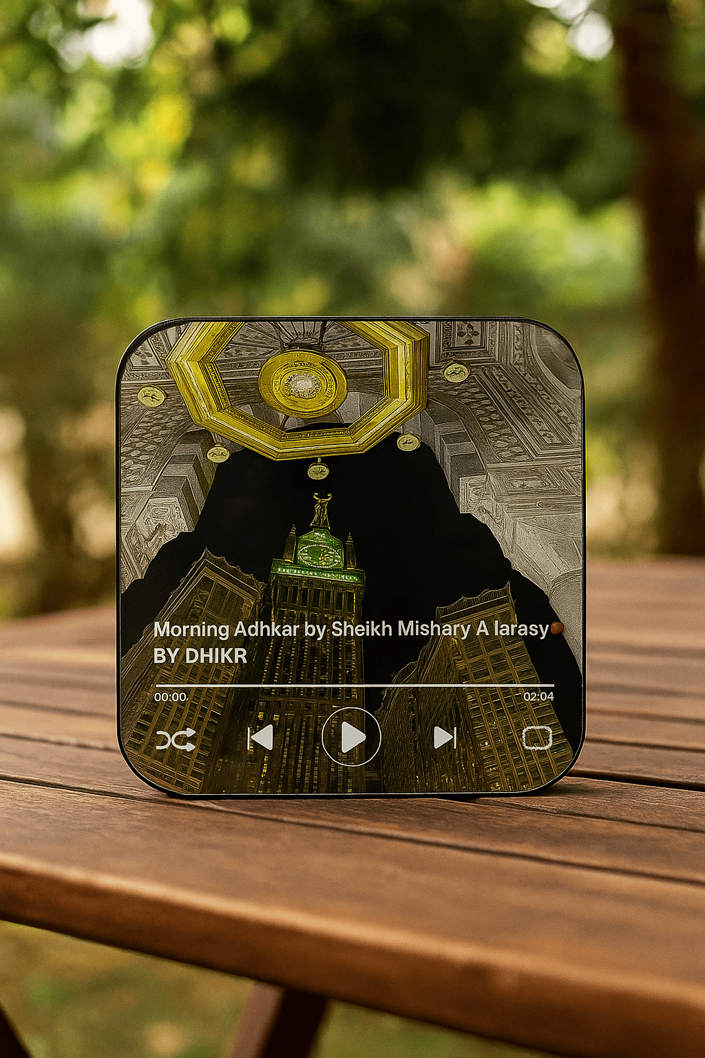 Islamic LED audio speaker showing an upward view of Makkah clock tower artwork