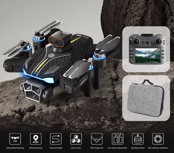 Smart GPS camera drone with folding propellers, screen controller, and carrying case