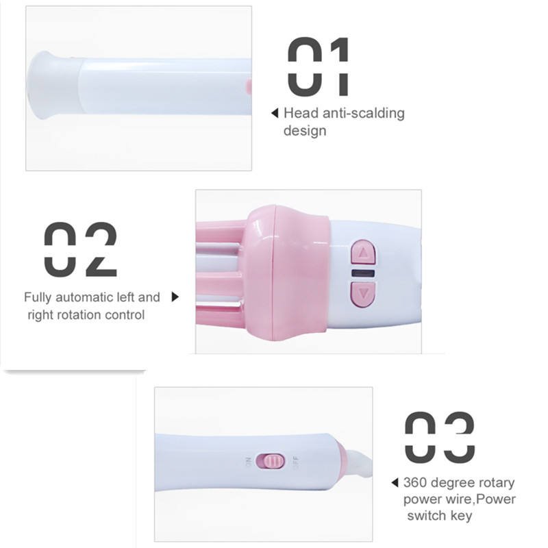 Hair curler detail panel showing anti-scald tip, rotation buttons, and power switch