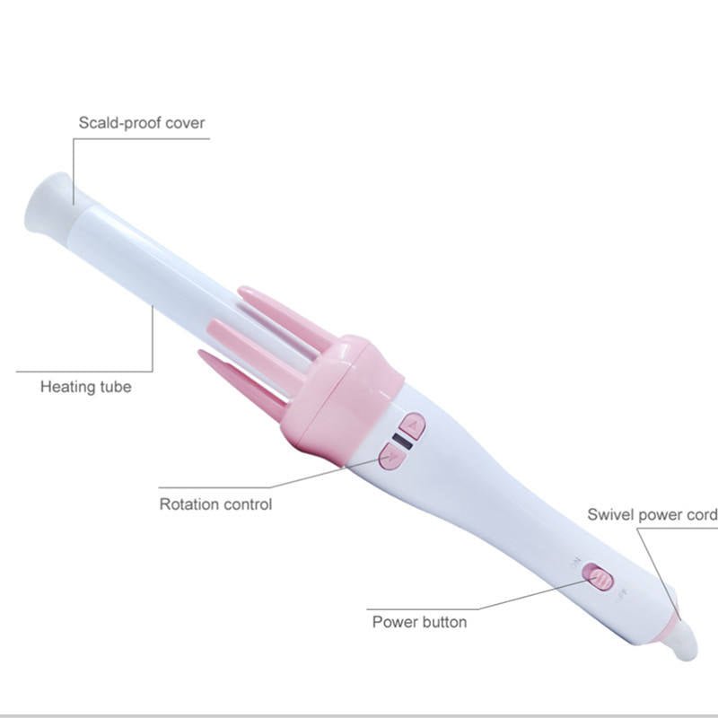 White and pink hair curler with heating barrel, rotation controls, and swivel cord