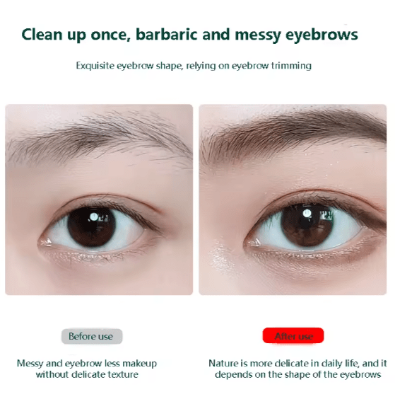 Eyebrow trimming before-and-after comparison showing a neater, more defined brow.