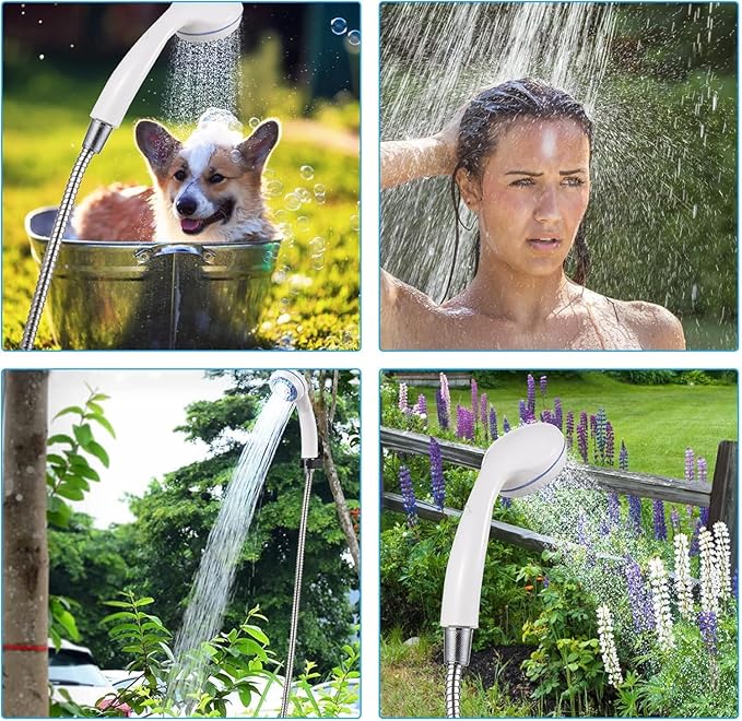 White handheld outdoor shower with flexible metal hose and spray head