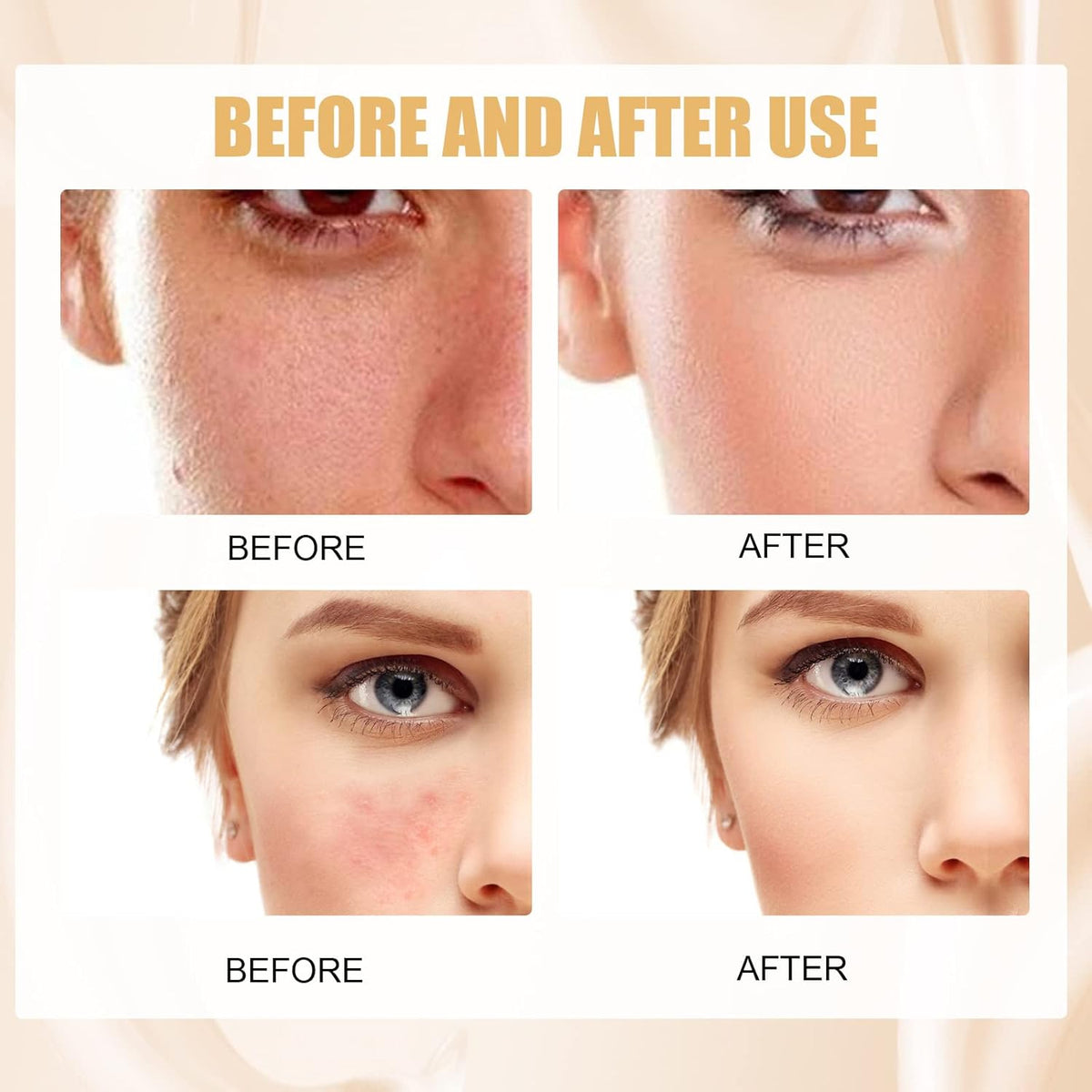 Foundation makeup before-and-after comparison showing smoother-looking skin.