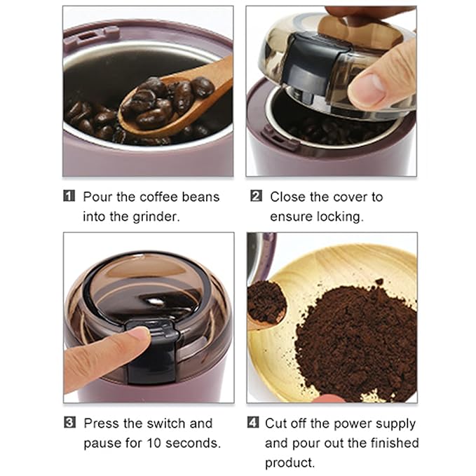 Electric coffee grinder instruction panels showing beans loaded, lid locked, switch pressed, and grounds poured.