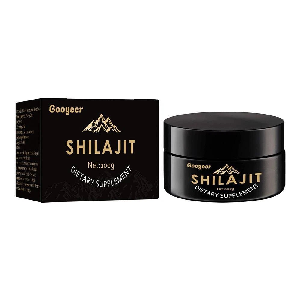 Googeer Shilajit dietary supplement in black jar and matching 100 g box