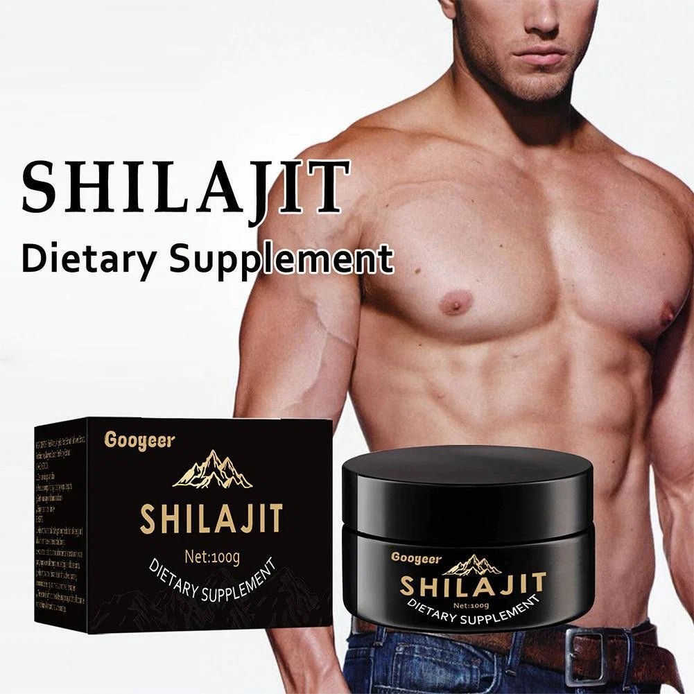 Googeer Shilajit supplement, black jar and 100 g box with gold lettering