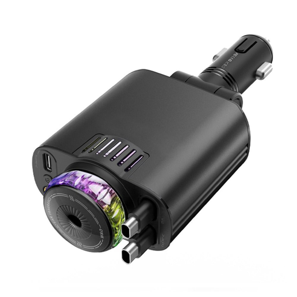 Black 5-in-1 starlight car charger with two retractable charging cables and a multicolor light ring