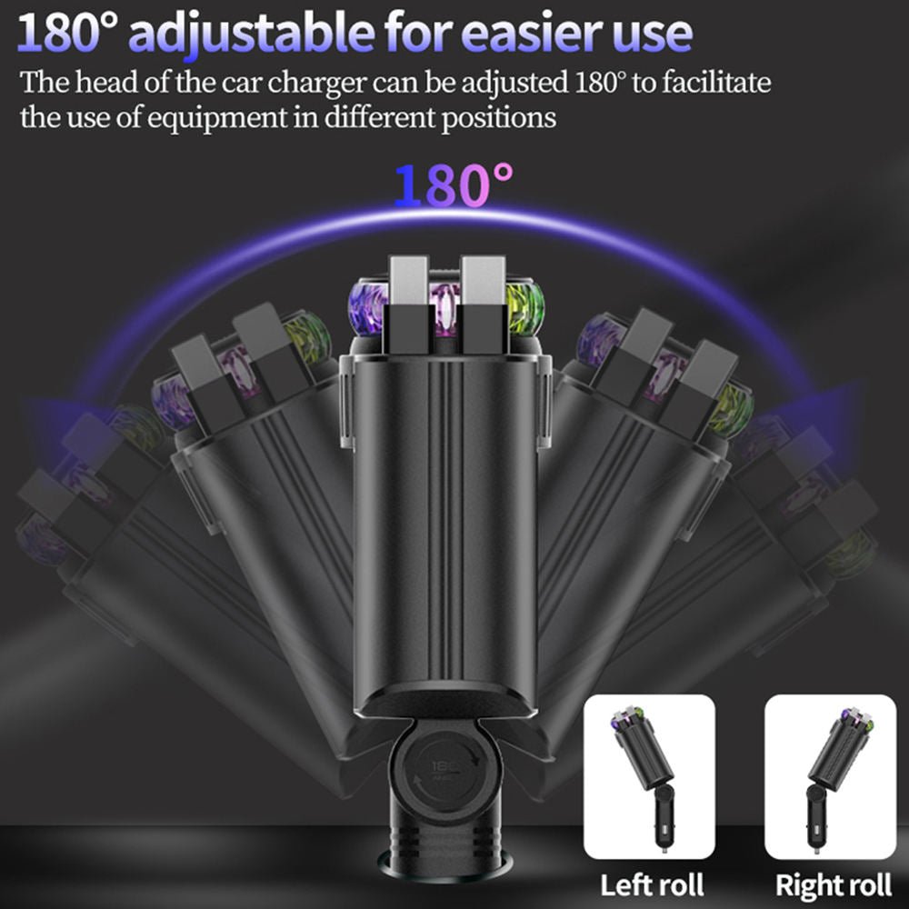 Adjustable car charger head shown tilting 180 degrees in both directions