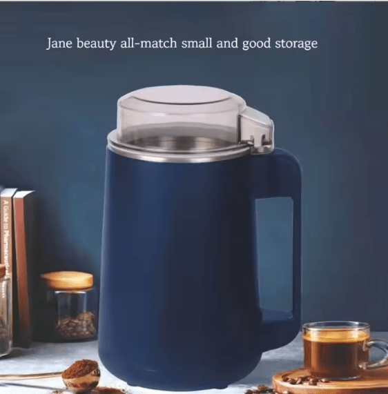 Navy electric coffee grinder with clear lid and large handle
