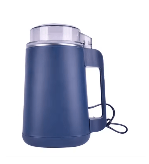 Navy electric coffee grinder with clear lid, handle, and power cord