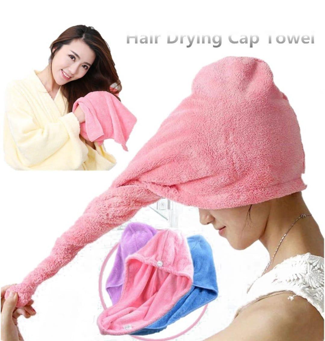 Pink hair drying cap towel shown worn and laid out with its long twisted end.