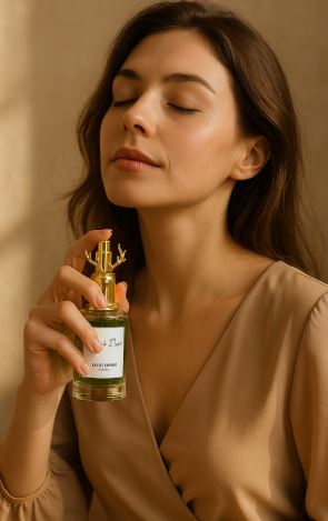 Forest Deer perfume spray with gold antler cap, held near the neck.