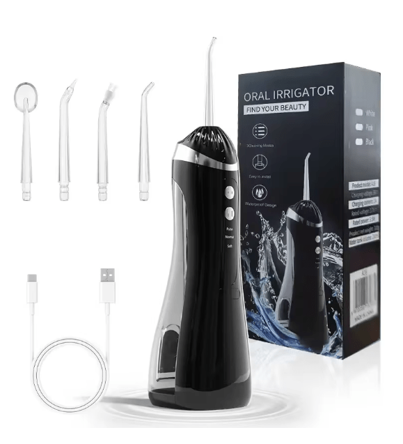 Black cordless oral irrigator with four interchangeable tips, charging cable, and retail box