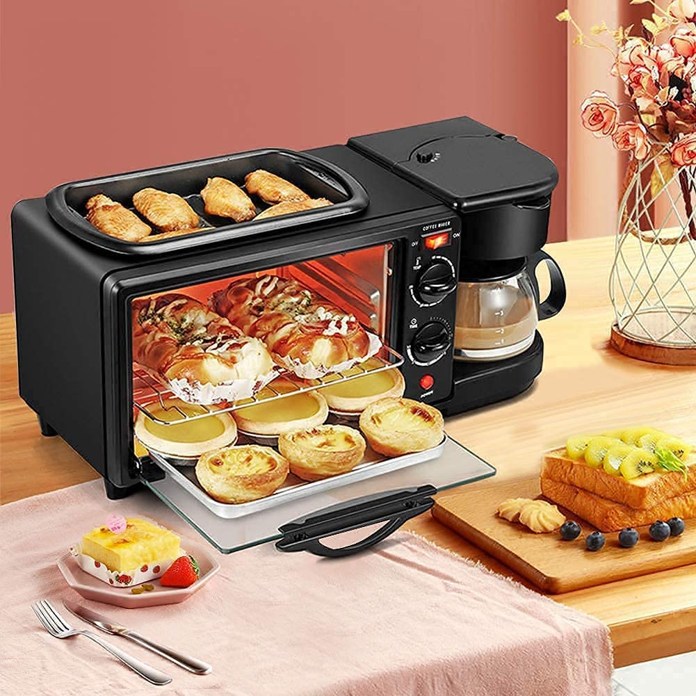 3-in-1 mini oven with open door, top griddle, and side coffee maker