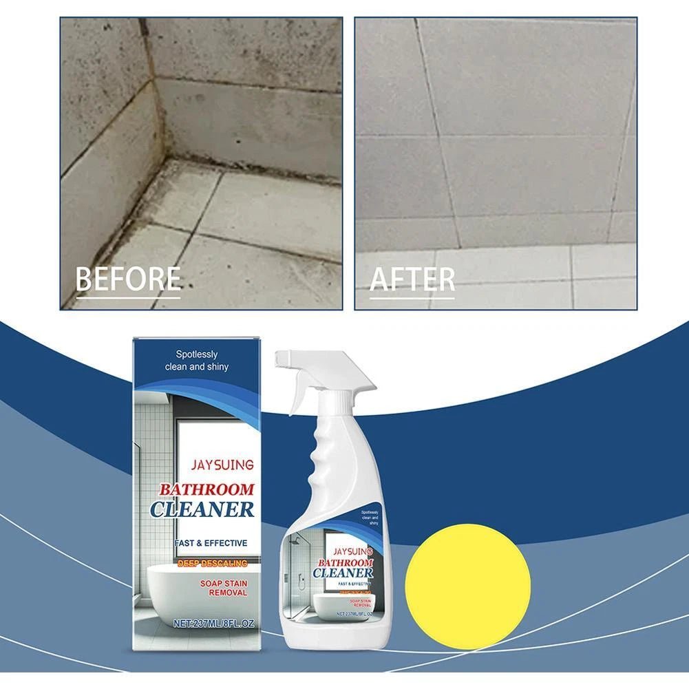 JAYSUING bathroom cleaner bottle and box beneath before-and-after tile grout photos