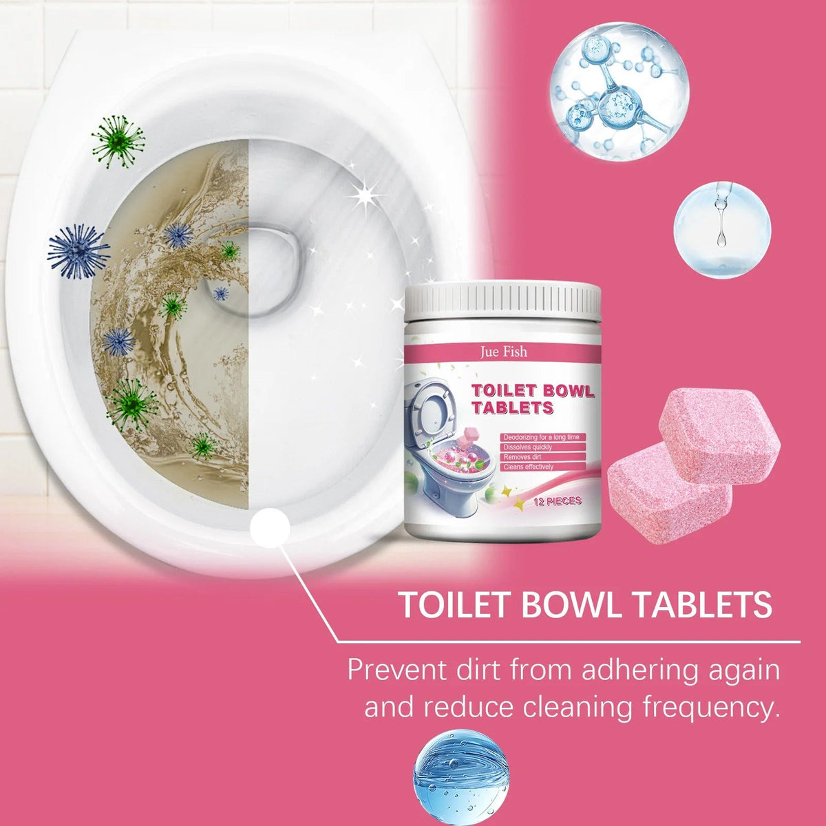 Jue Fish toilet bowl tablets jar beside a split clean and stained toilet bowl