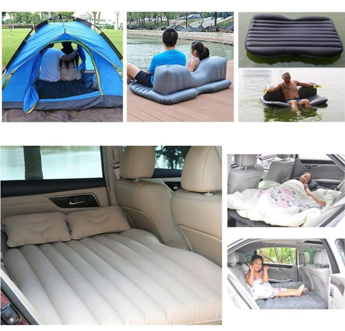 Car back seat air mattress shown installed, with additional use examples