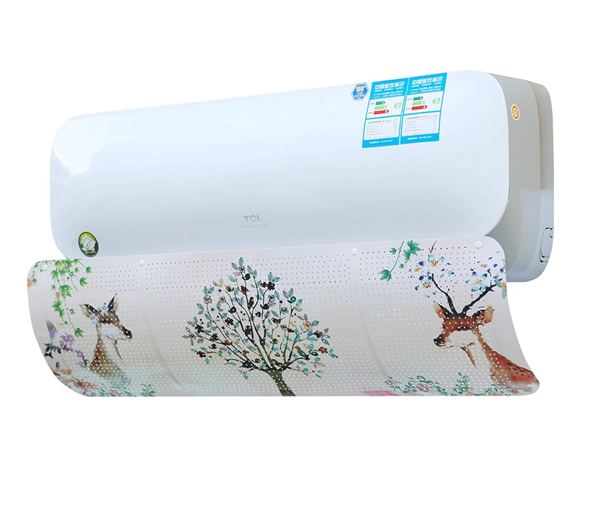 Air conditioner wind deflector with perforated panel printed with deer and trees